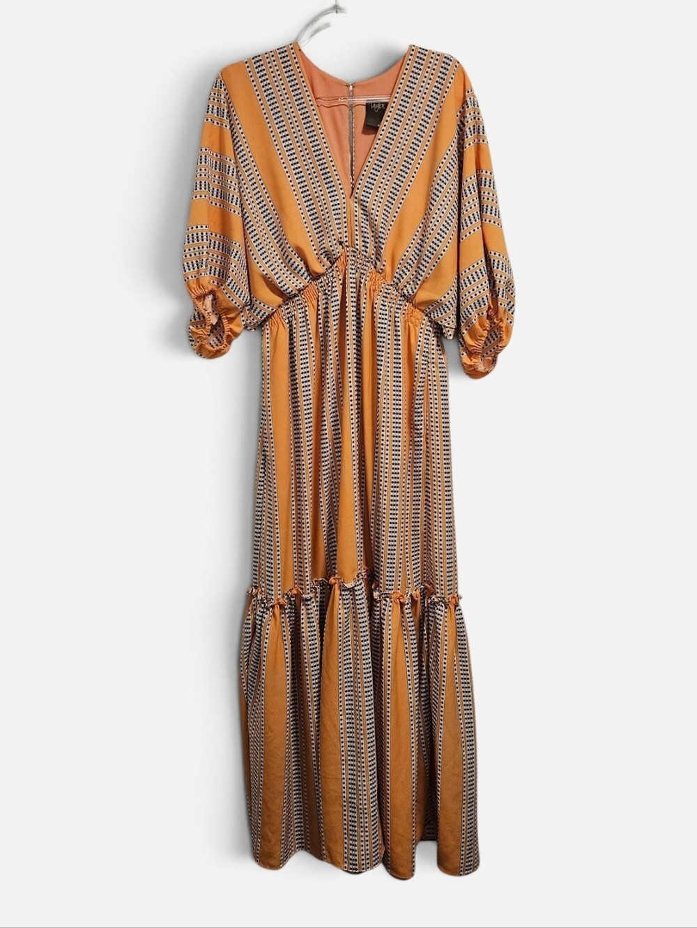 Taylor Orange Striped Maxi Dress V-Neck Balloon Bishop Sleeve Boho Size 8